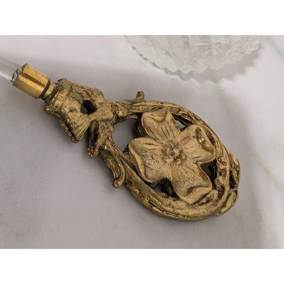 Vintage Ormolou Diamond Point Crystal Marston Perfume Bottle Gilded Dauber Top - Picture 5 of 7